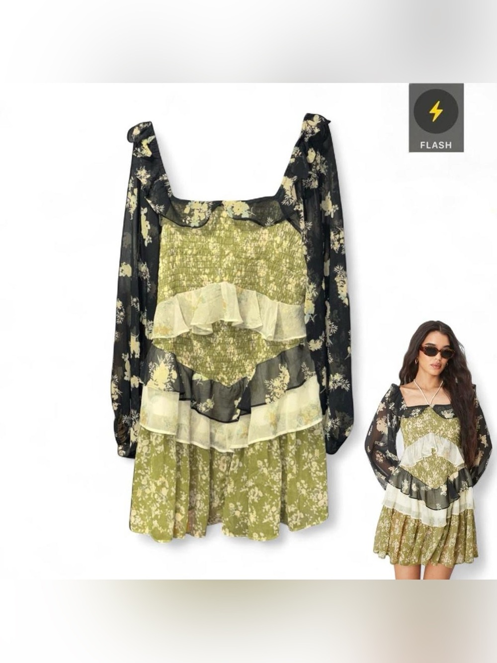 Green and Black Floral Ruffle Mini Dress
